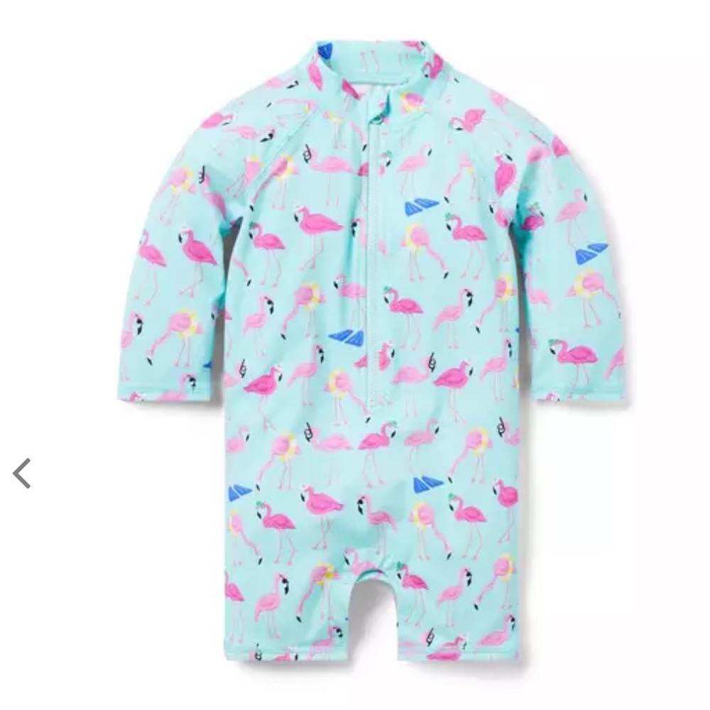 Like new Janie and Jack baby boys blue Flamingo Print rash guard swim suit